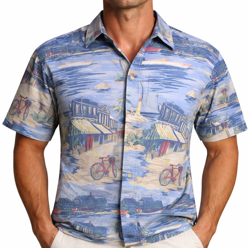 Nautica Shirt Large Seaport Lighthouse Village Bicycle Boats Nautical